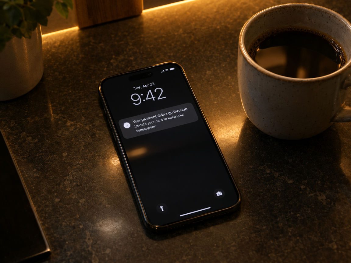 A phone on a kitchen counter showing a notification that a subscription payment didn't go through