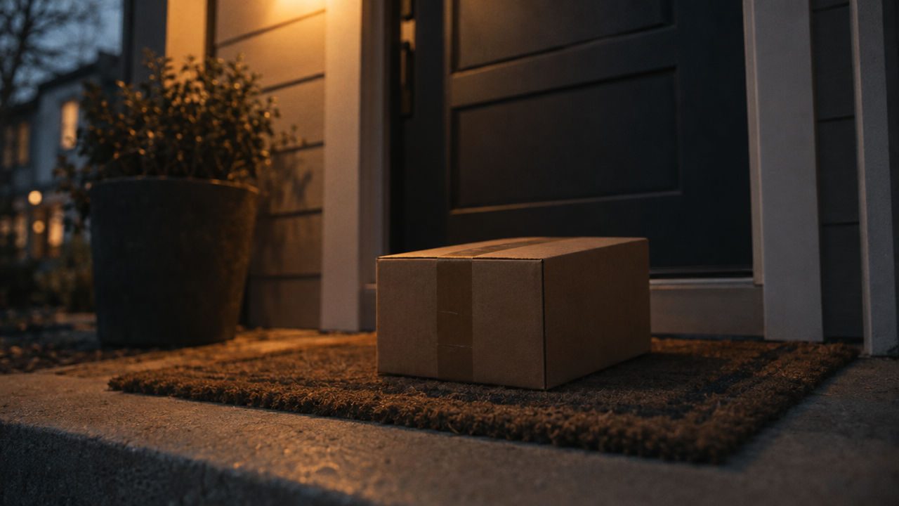 A plain cardboard subscription box left on a doormat at dusk