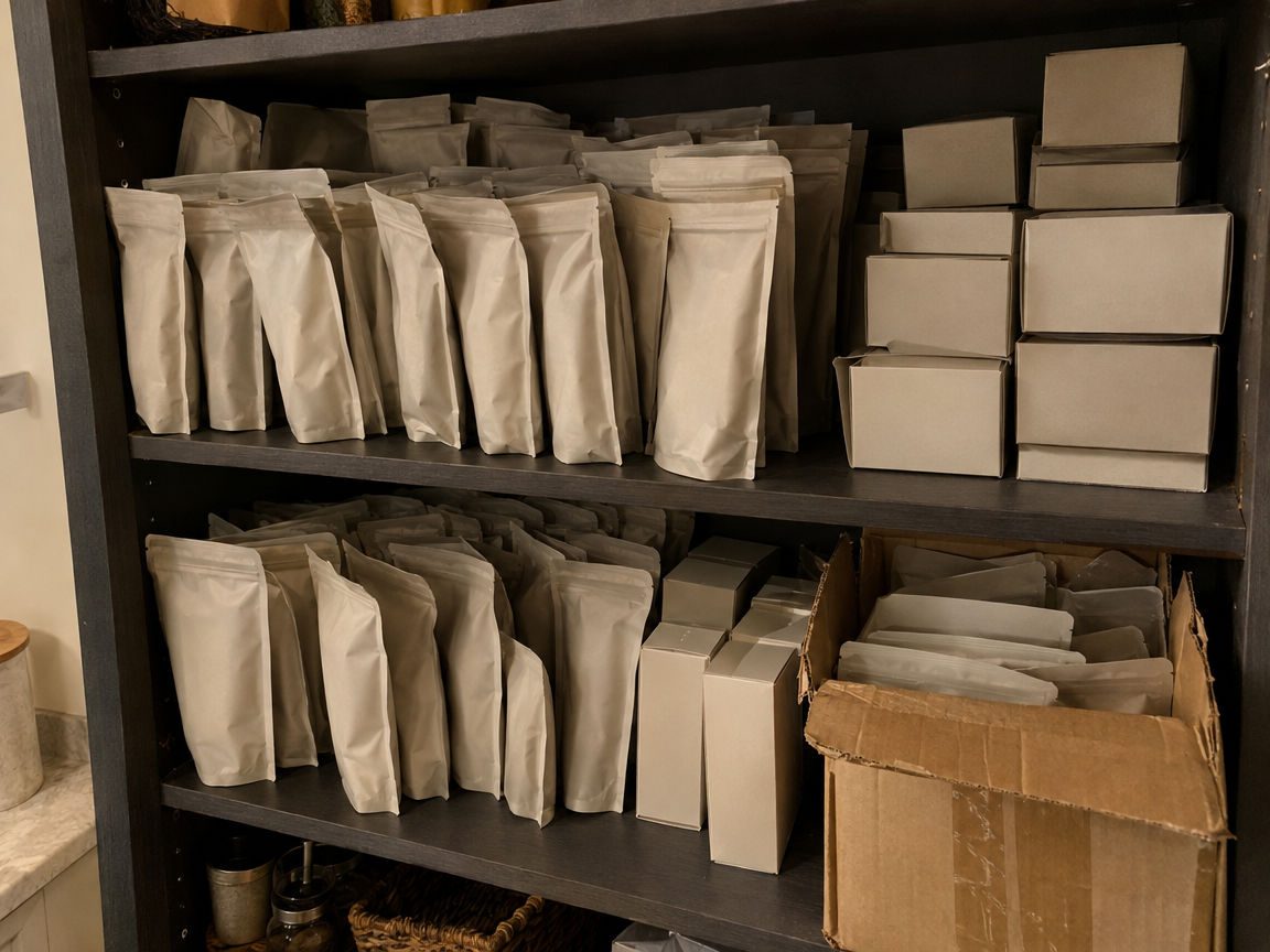 A pantry shelf packed with unopened refill pouches and boxes