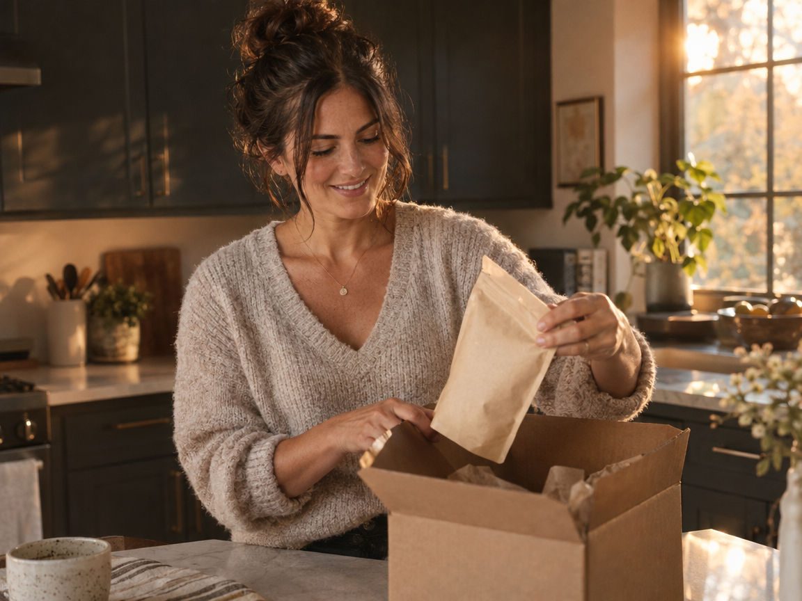 A smiling customer unpacking a refill from a subscription box in her kitchen
